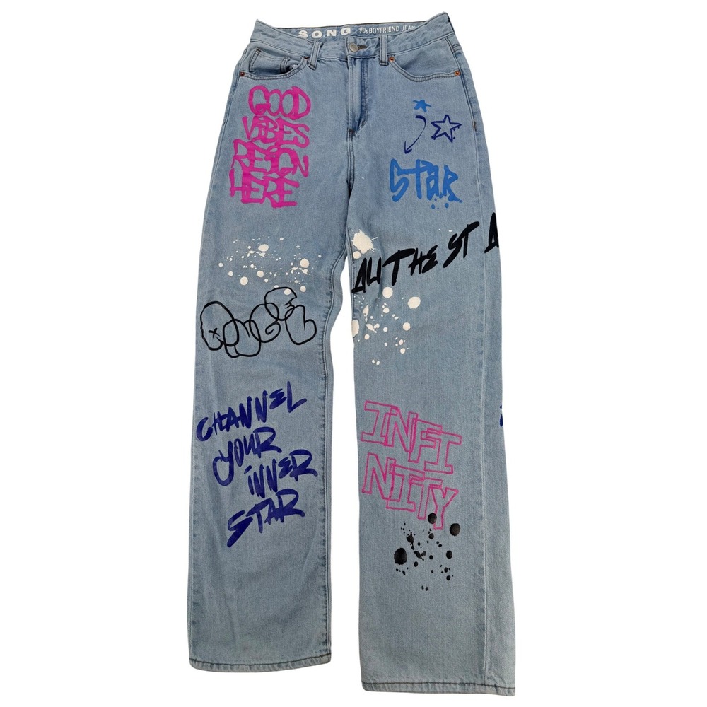 S.O.N.G. Graffiti 90s Boyfriend Jeans‎ Size 5/27 Light Wash Streetwear Y2K